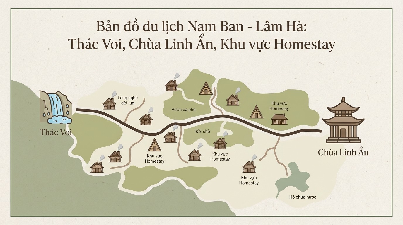 Bản đồ gợi ý khu lưu trú quanh Nam Ban và trục đường đi Thác Voi, Chùa Linh Ẩn