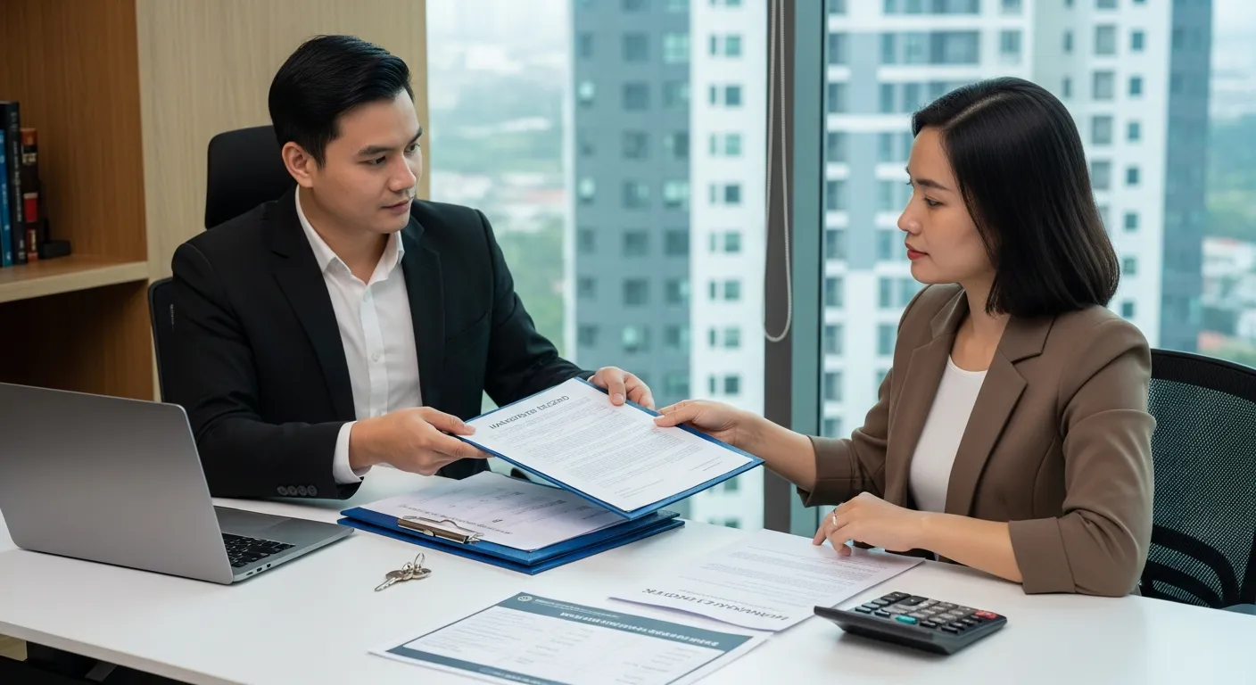 Cảnh bàn giao căn hộ trong một dự án chung cư tại thành phố lớn, nhân viên bàn giao nhà đưa hồ sơ cho khách hàng, trên bàn có biên bản bàn giao, chìa khóa, máy tính, bảng tính VAT và các loại phí, người mua đang kiểm tra giấy tờ với vẻ tập trung, bối cảnh văn phòng dự án sáng rõ và thực tế