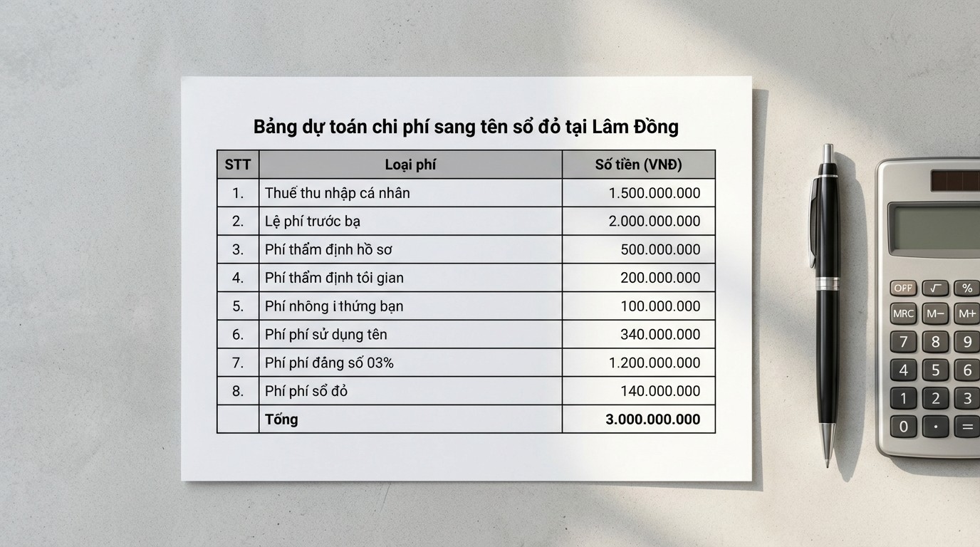 Bảng dự toán chi phí sang tên sổ đỏ theo nghĩa vụ tài chính tại Lâm Đồng