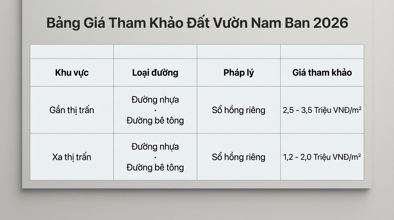 Bảng khung giá tham khảo đất vườn Nam Ban 2026 theo khu vực và phân khúc