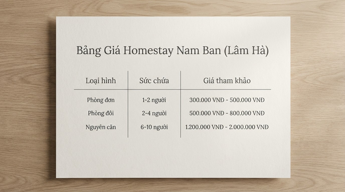 Bảng so sánh giá phòng homestay Nam Ban Lâm Hà theo loại hình và sức chứa