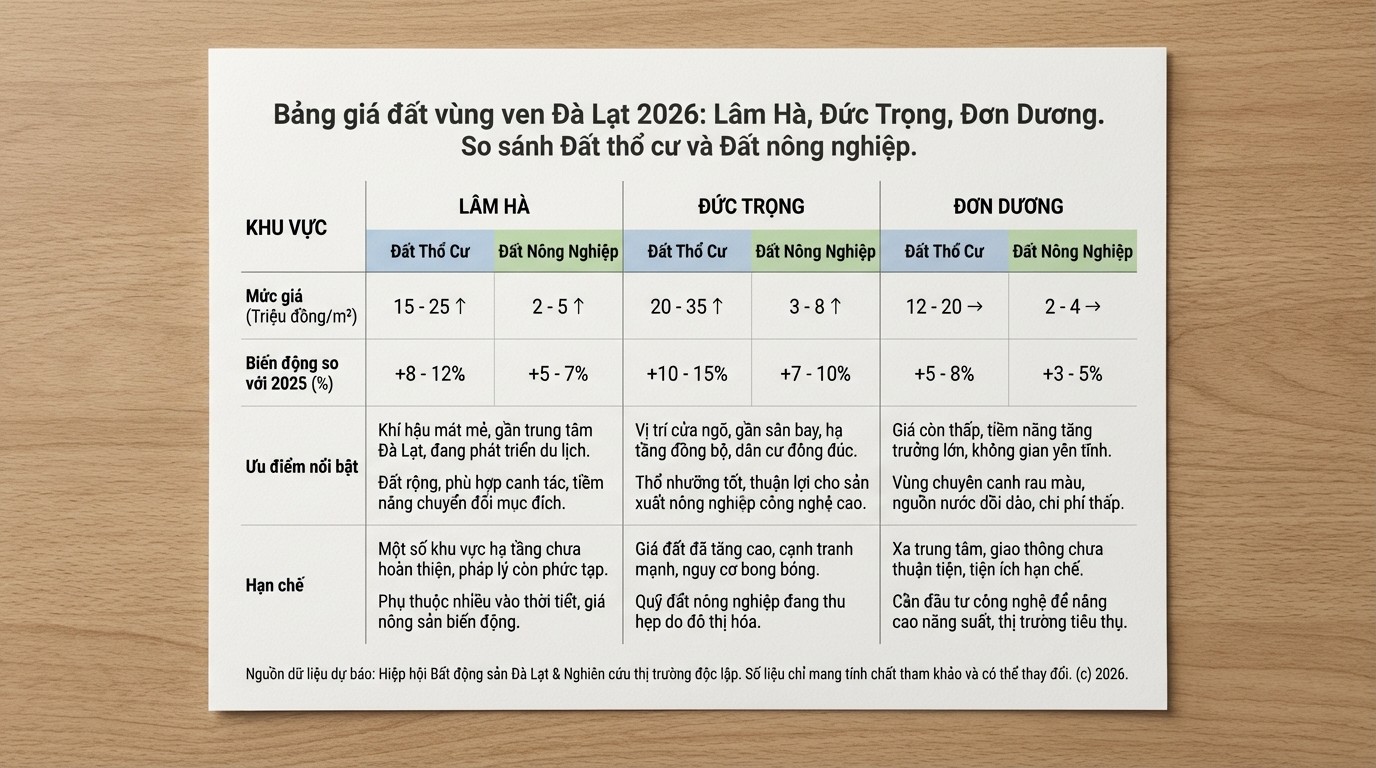 Bảng so sánh giá tham khảo đất thổ cư và đất nông nghiệp vùng ven Đà Lạt 2026