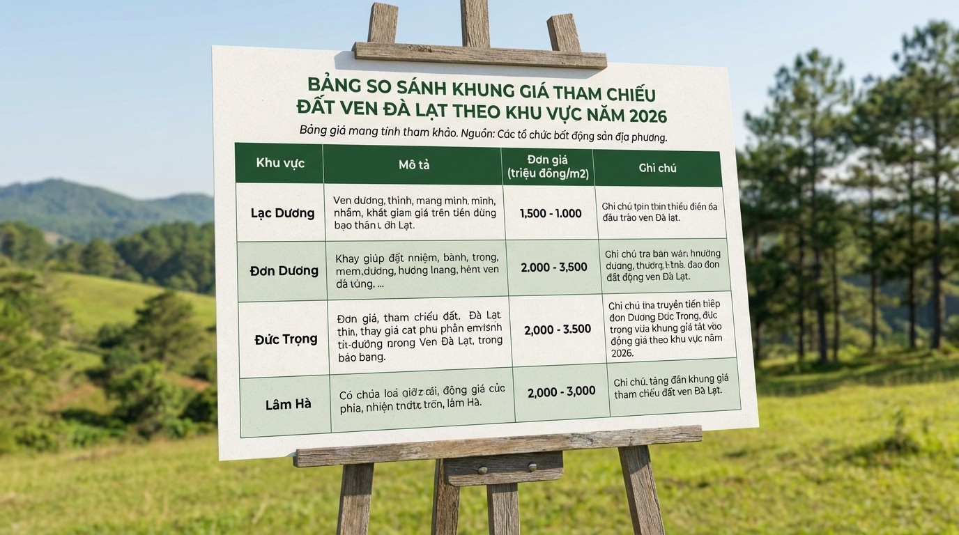 Bảng so sánh khung giá tham chiếu đất ven Đà Lạt theo khu vực năm 2026