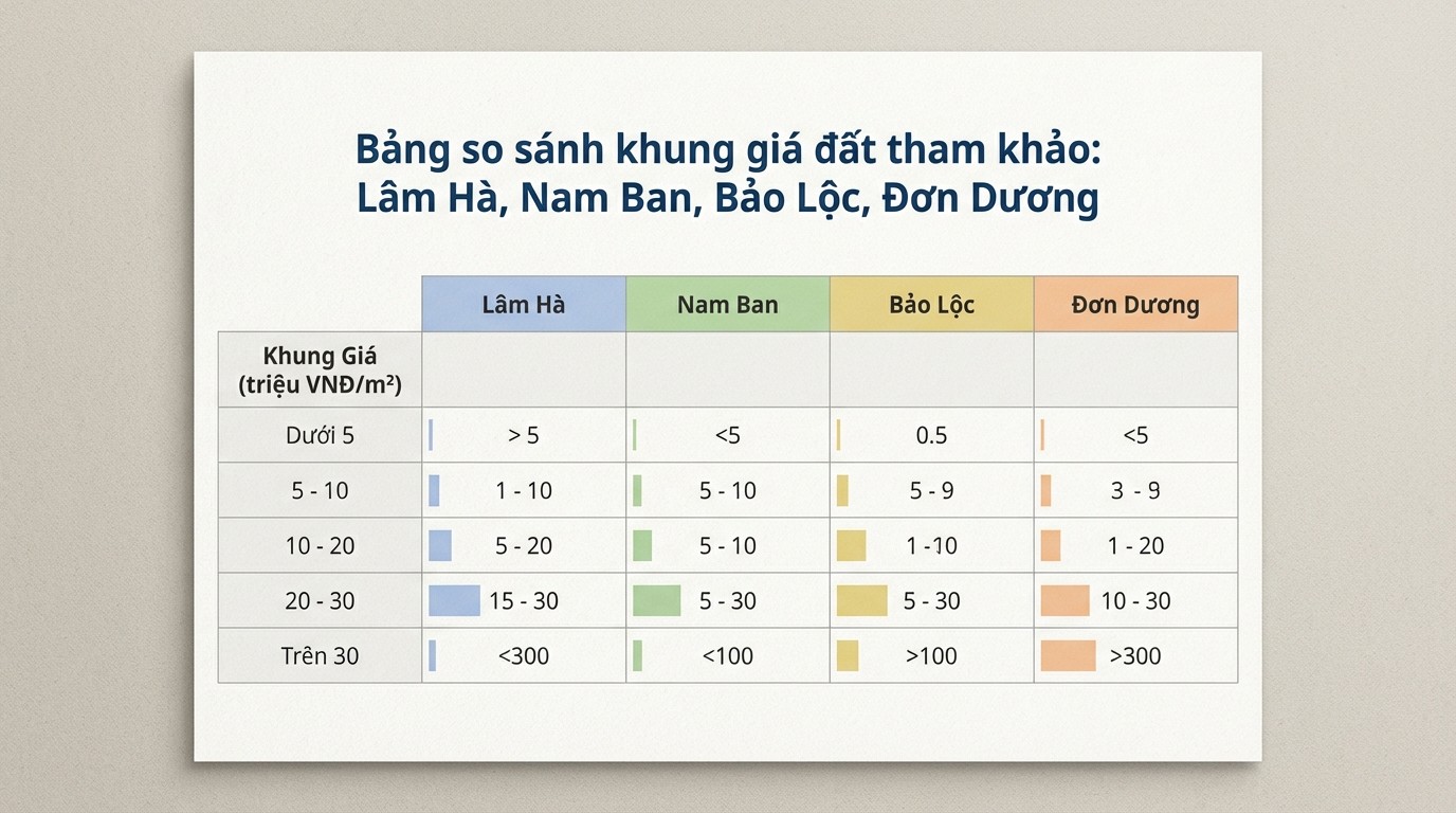 Bảng so sánh khung giá tham khảo giữa Lâm Hà, Nam Ban, Bảo Lộc và Đơn Dương