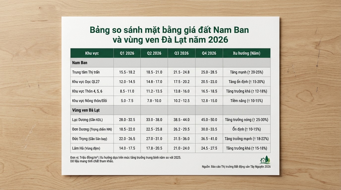 Bảng so sánh mặt bằng giá đất Nam Ban và vùng ven Đà Lạt năm 2026