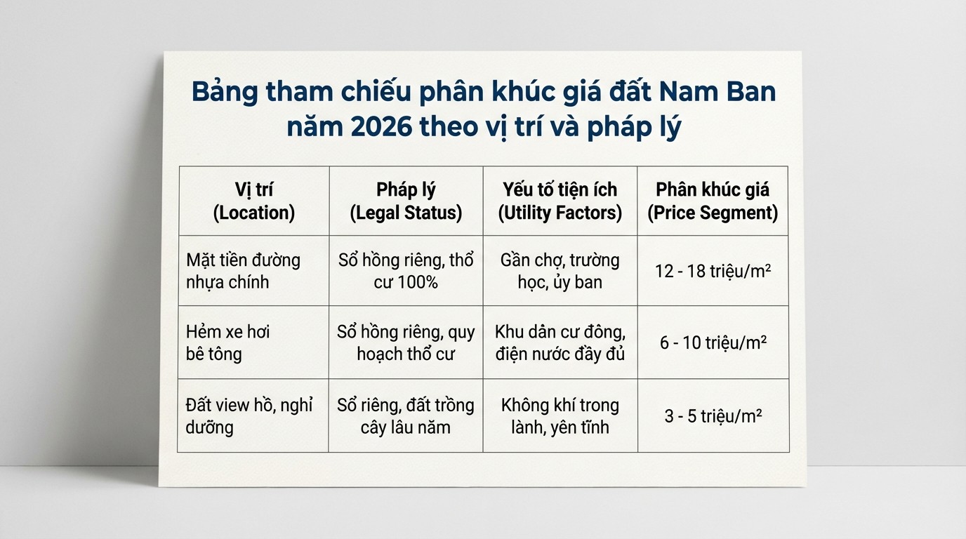 Bảng tham chiếu phân khúc giá đất Nam Ban năm 2026 theo vị trí và pháp lý