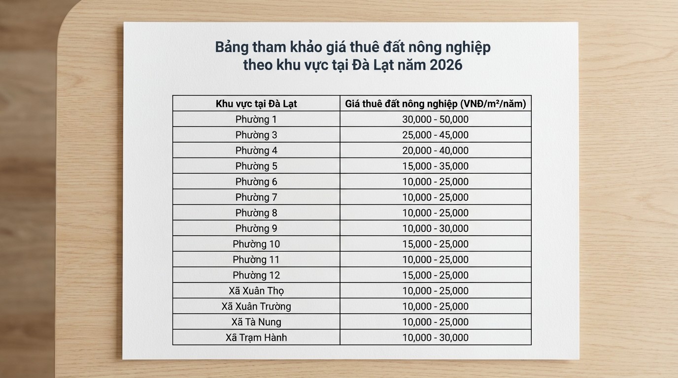 Bảng tham khảo giá thuê đất nông nghiệp theo khu vực tại Đà Lạt năm 2026