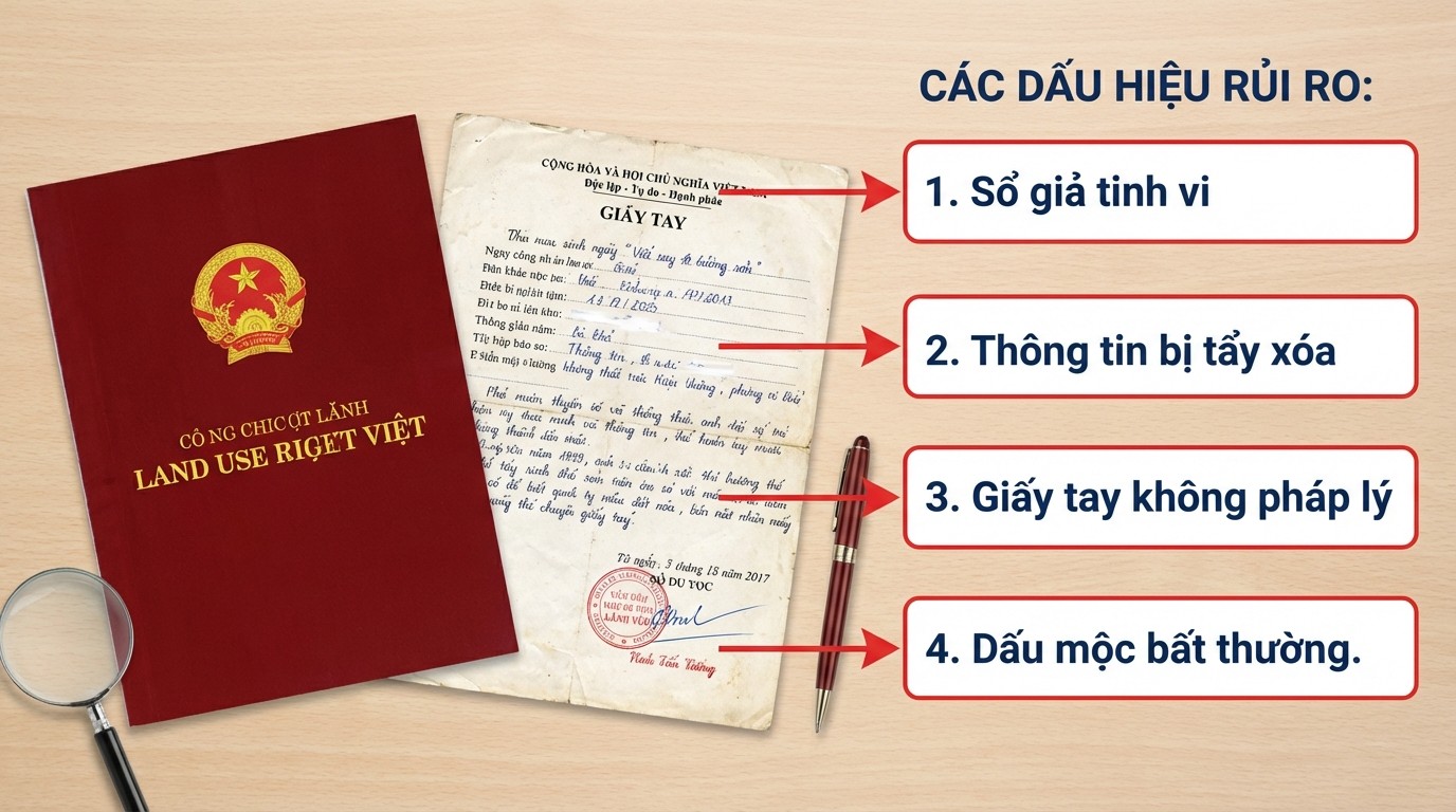 Các dấu hiệu rủi ro khi Kiểm Tra Sổ Đỏ Thật Giả và giao dịch nhà đất bằng sổ đỏ giả hoặc giấy tay