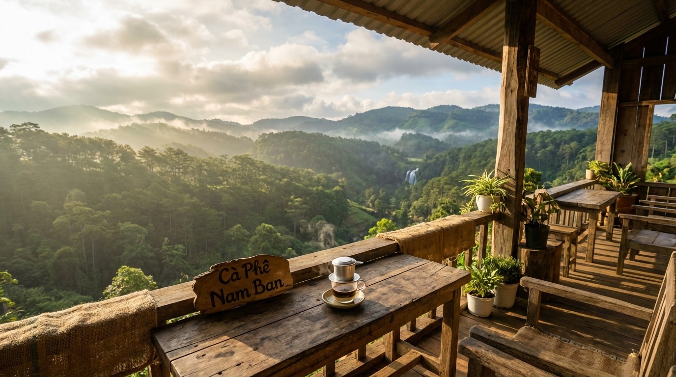 Các quán cafe gần Thác Voi và khu vực Nam Ban nhìn ra đồi thông, thung lũng