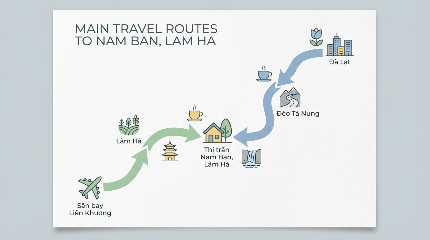 các tuyến chính đến Nam Ban hướng Đà Lạt qua đèo Tà Nung và hướng sân bay Liên Khương