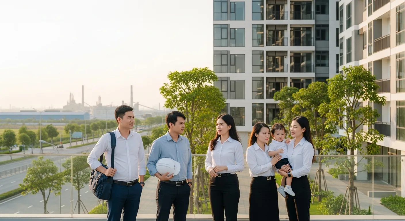 Nhóm chuyên gia trẻ và gia đình nhỏ đứng trước một tòa căn hộ mới tại Thuận An, trang phục công sở gọn gàng, một người cầm mũ bảo hộ kỹ sư, bối cảnh gần khu công nghiệp và trục đường lớn, cây xanh nội khu, ánh sáng chiều dịu, tạo cảm giác nhu cầu ở thực và thuê ở của người làm việc tại Bình Dương