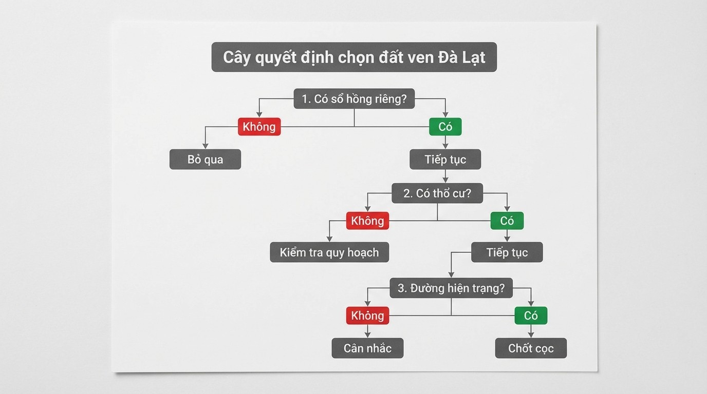 Cây quyết định chọn đất ven Đà Lạt theo pháp lý sổ hồng riêng, thổ cư và hiện trạng đường