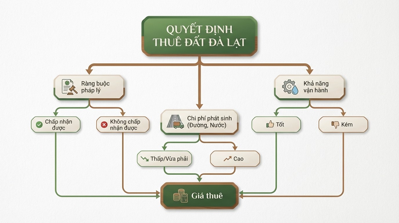 Cây quyết định đánh giá tiềm năng và rủi ro khi thuê đất nông nghiệp tại Đà Lạt