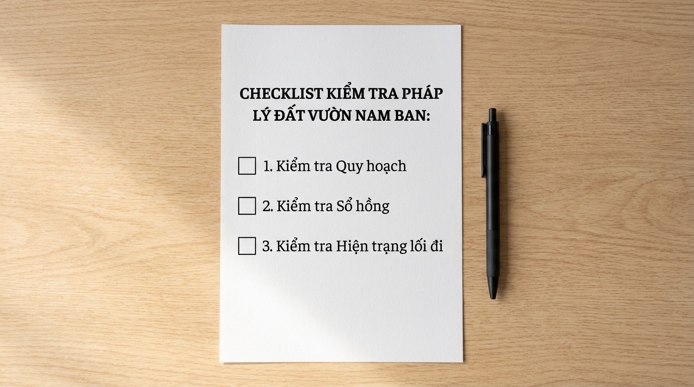 Checklist kiểm tra pháp lý đất vườn Nam Ban gồm quy hoạch, sổ hồng và hiện trạng lối đi
