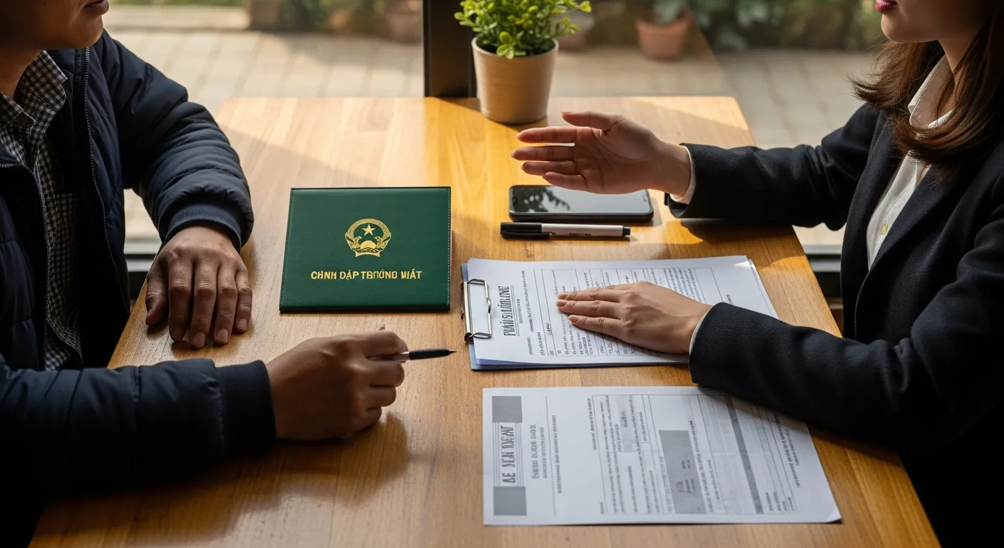 Một người mua đất và một môi giới địa phương ngồi tại bàn gỗ trong quán cà phê nhỏ ở thị trấn, trên bàn có sổ đỏ, bản photocopy trích lục, điện thoại, bút đánh dấu, không khí trao đổi thực tế, trang phục đời thường, ánh sáng tự nhiên, bối cảnh vùng cao nguyên Việt Nam