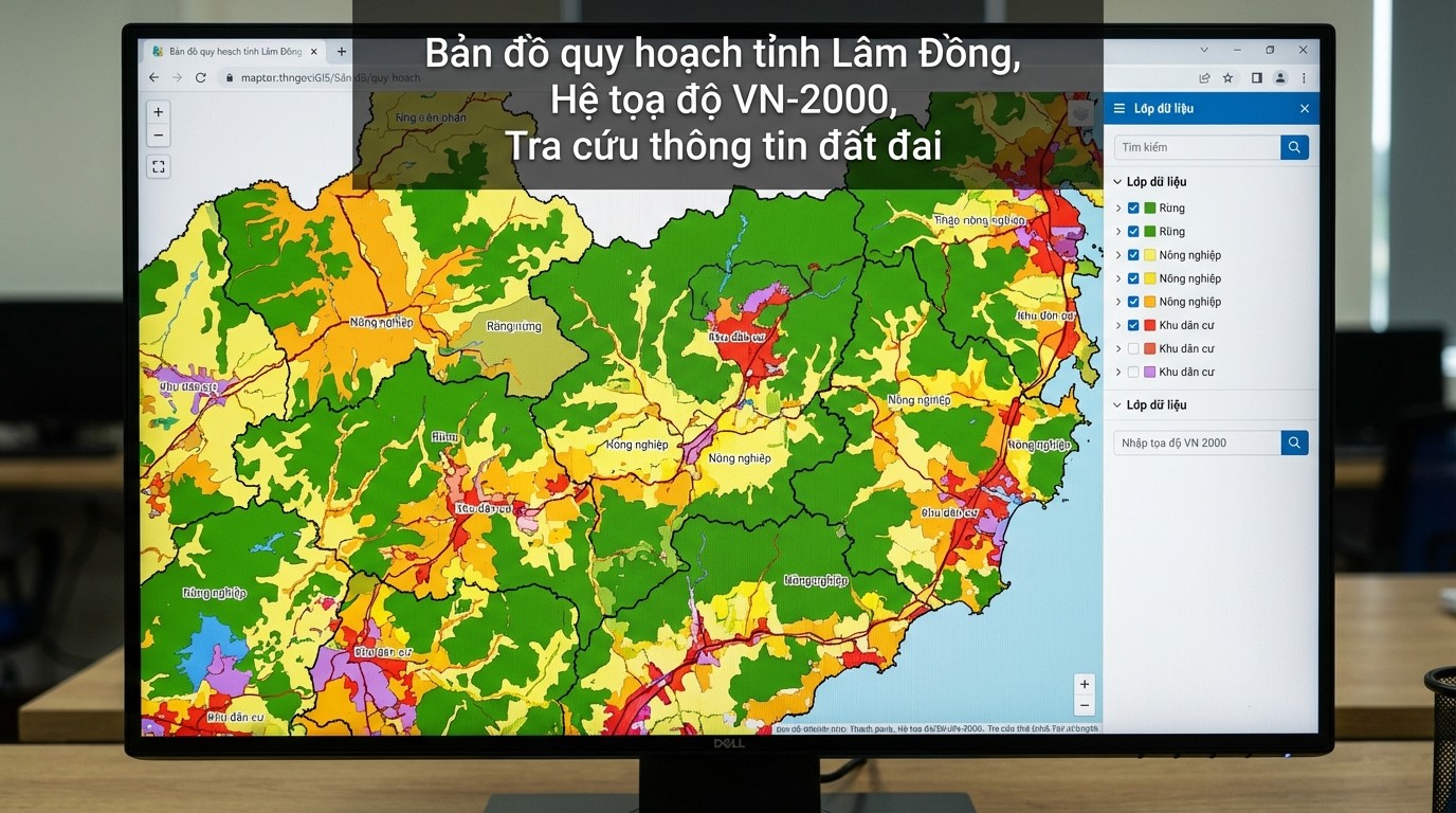 Giao diện tra cứu bản đồ GIS quy hoạch Lâm Đồng và kiểm tra tọa độ VN 2000