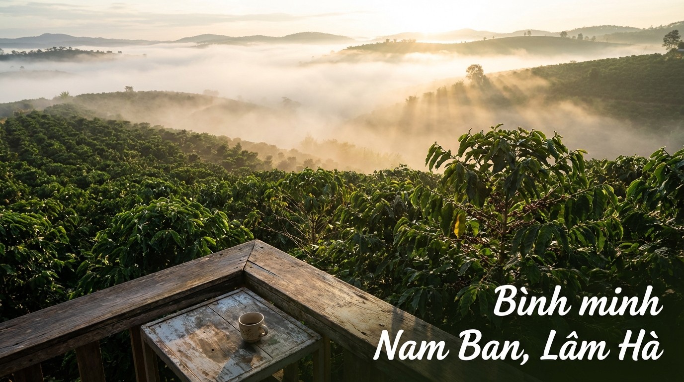 Góc nhìn đồi cà phê và lớp sương sớm tại khu vực Nam Ban Lâm Hà