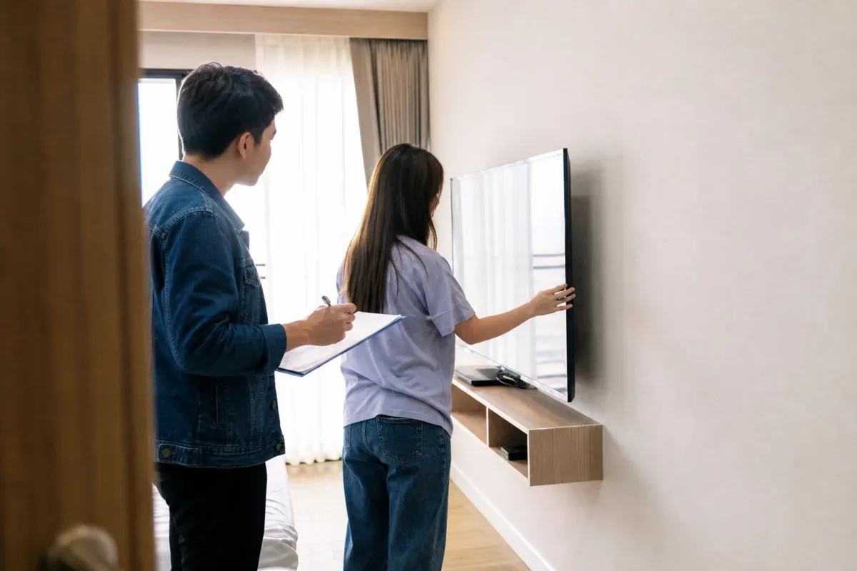 Người thuê và chủ nhà kiểm đếm thiết bị trong căn hộ thực tế