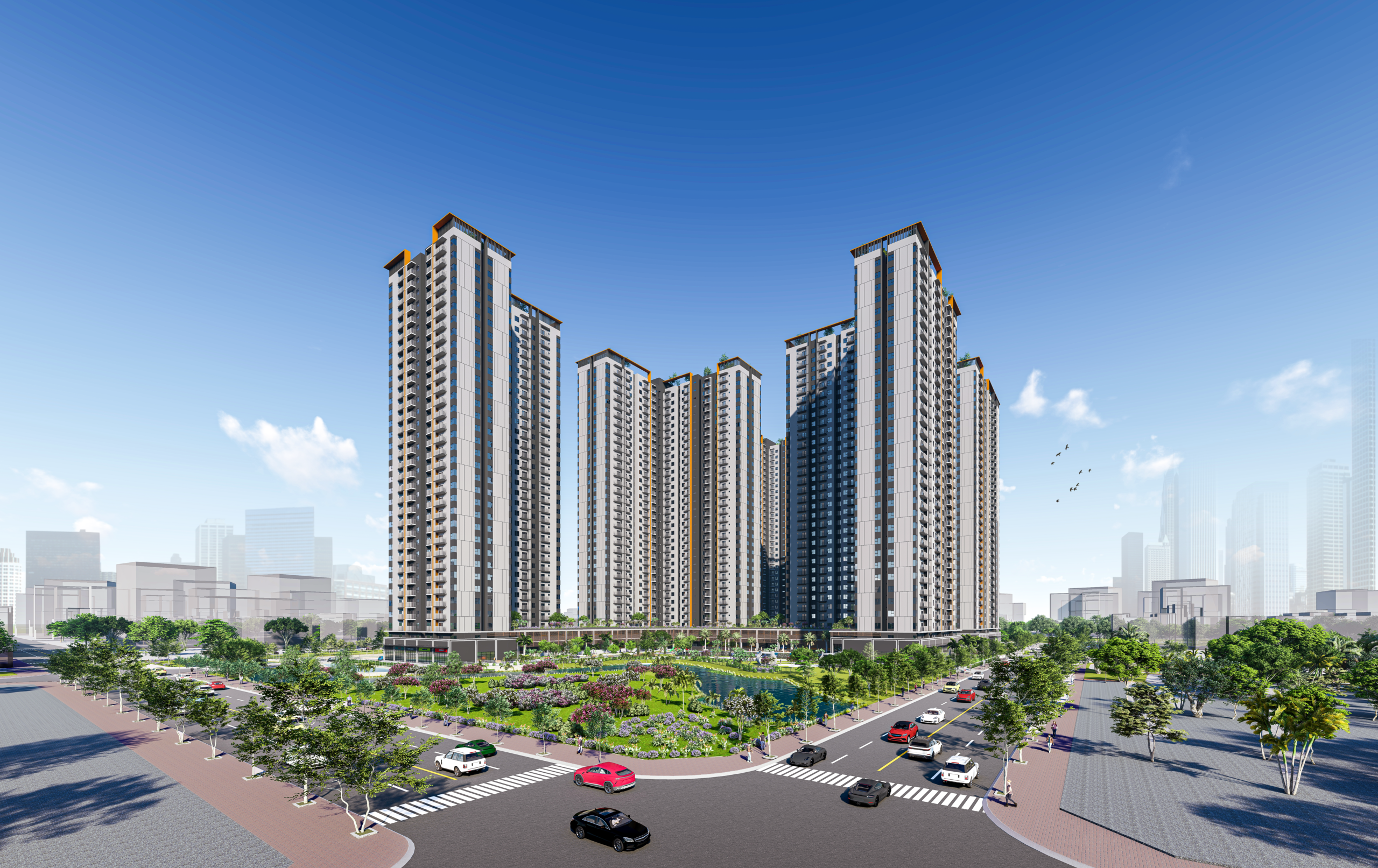 Phối cảnh minh hoạ cụm tháp căn hộ nhìn từ ngã tư, phía trước là công viên và hồ cảnh quan