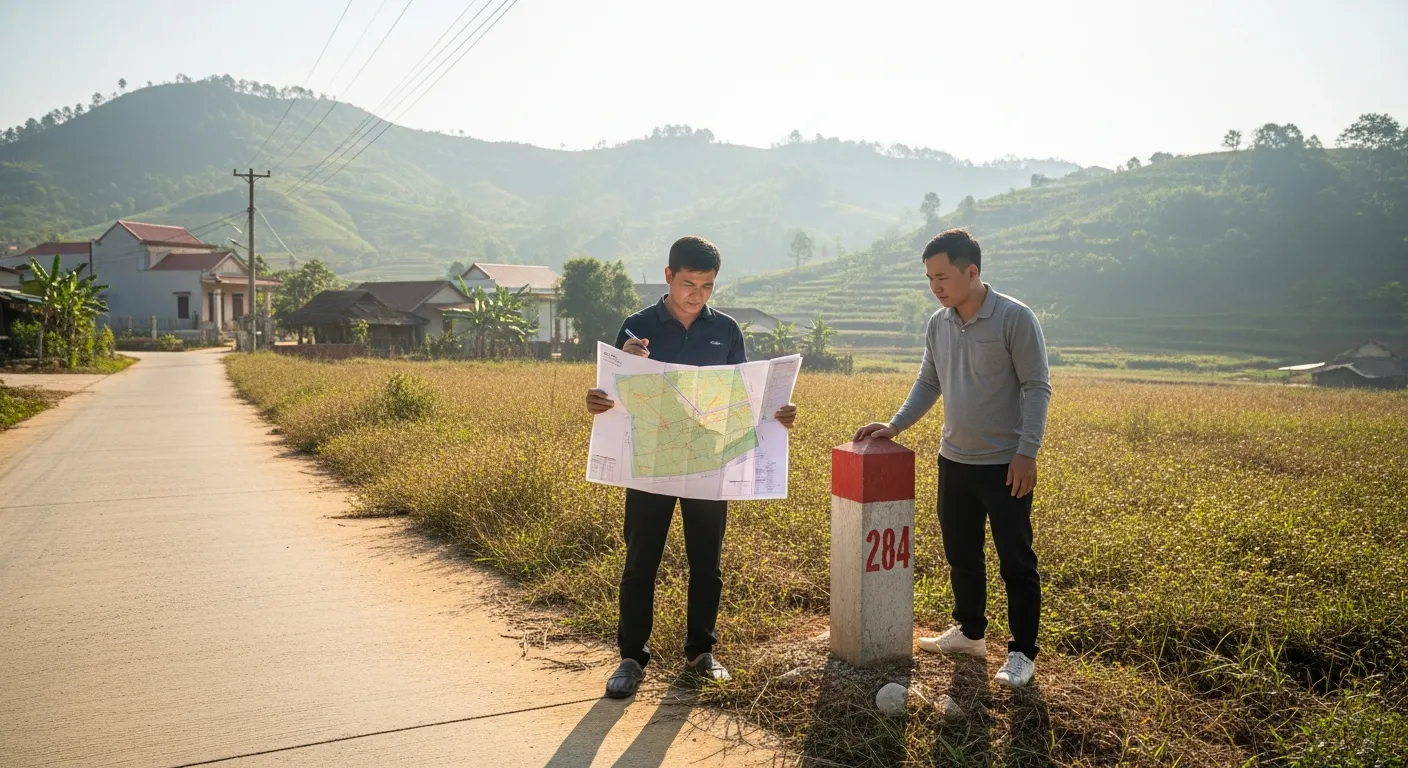 Nhóm hai người đi khảo sát một thửa đất ở vùng cao nguyên Lâm Hà, một người cầm bản đồ địa chính giấy và bút, người còn lại đứng cạnh cọc mốc ranh đất, phía sau là con đường bê tông nông thôn, nhà dân thưa, đồi cà phê xanh, trời sáng nhẹ, khung cảnh thực tế, tự nhiên, góc chụp ngang tầm mắt