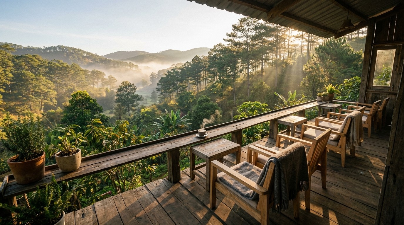 Không gian cafe view rừng gần Nam Ban với thung lũng và đồi cây xanh