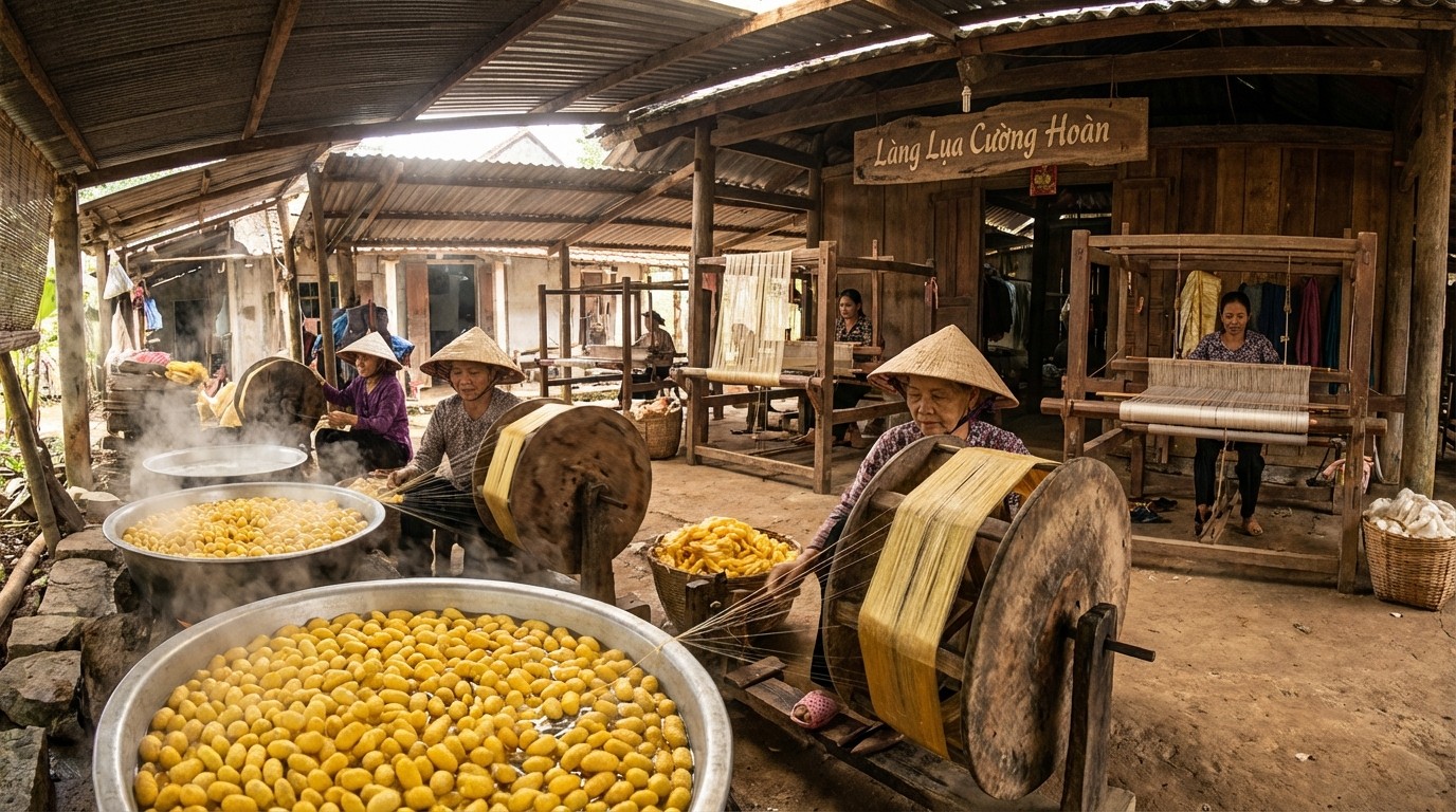 Không gian làng lụa Cường Hoàn với quy trình ươm tơ dệt lụa