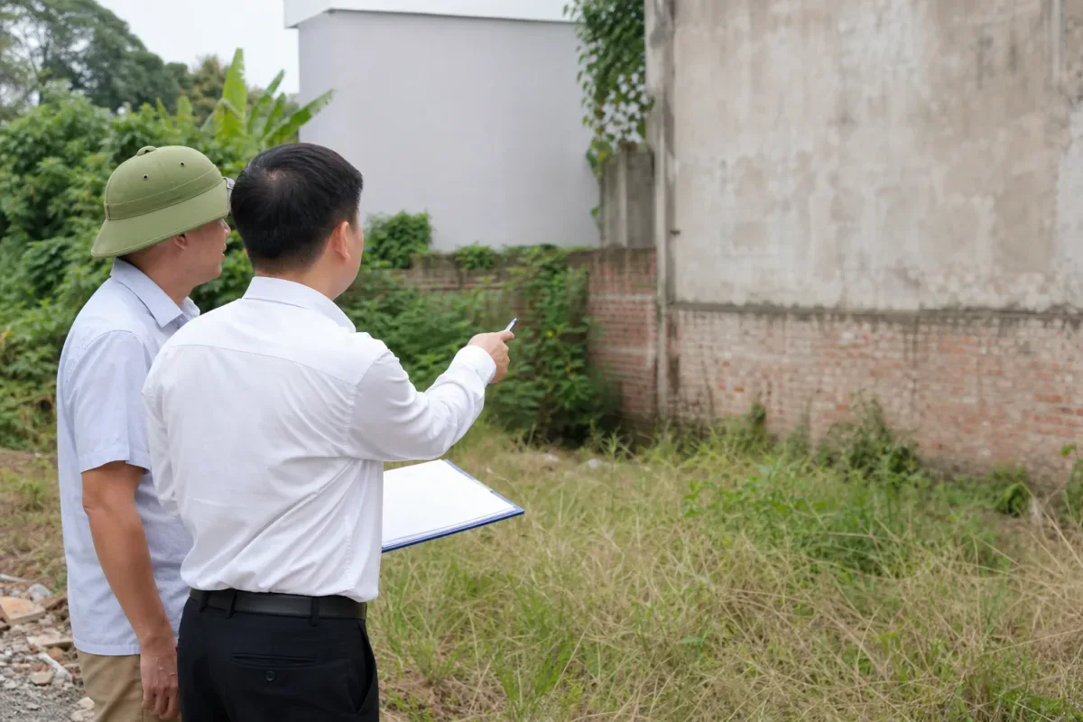 Người mua cùng chủ nhà xem ranh giới và tài sản trên thửa đất thật