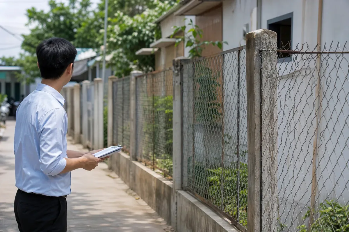 Người mua quan sát hàng rào lối đi và ranh giới nhà đất thực tế