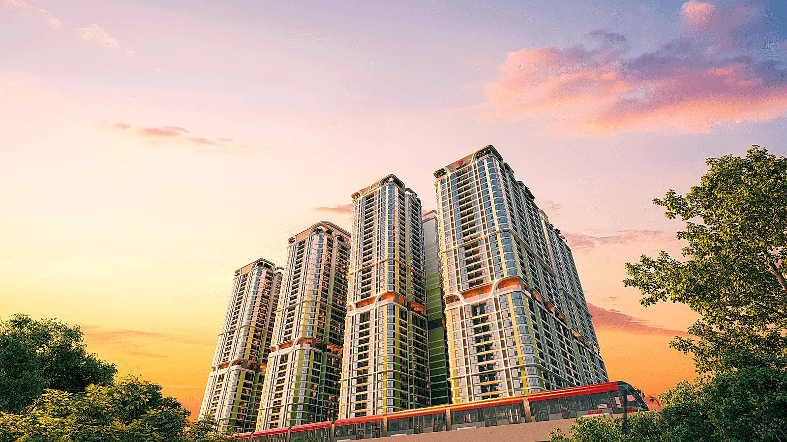 Toàn cảnh thực tế một đại công trường căn hộ cao tầng ven Quốc lộ 13 tại khu đô thị đông dân, nhiều tháp đang thi công kết cấu, cẩu tháp hoạt động, xe công trình ra vào, hàng rào dự án lớn, bối cảnh đô thị Bình Dương cũ giáp TP.HCM, ánh sáng ban ngày rõ nét, góc chụp rộng thể hiện quy mô xây dựng