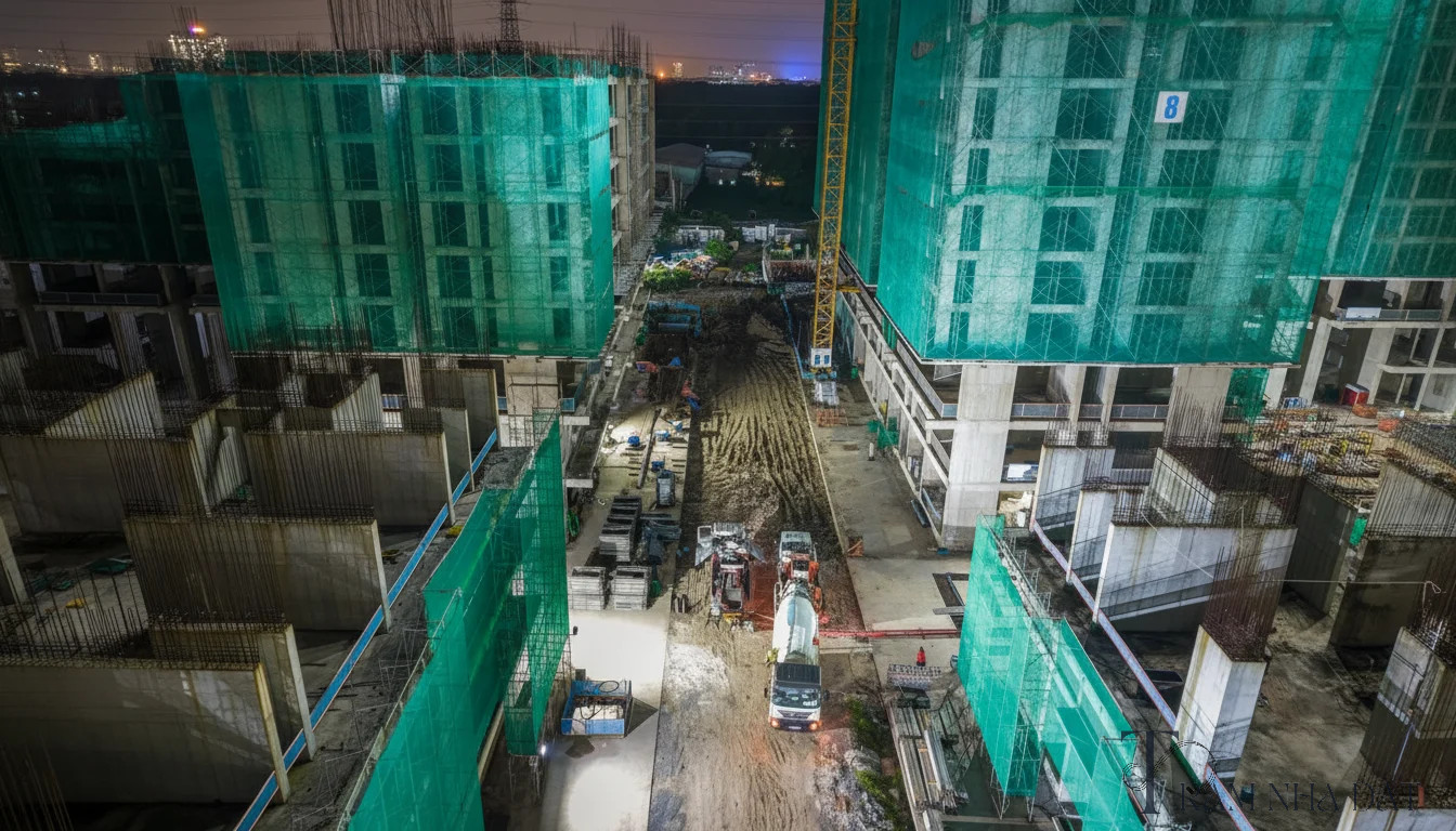 Một nhà đầu tư và một người tư vấn đang đứng trước hàng rào công trường dự án cao tầng, cùng xem bảng thông tin pháp lý xây dựng và giấy phép treo tại cổng, phía sau là cần cẩu, công nhân, xe trộn bê tông, bối cảnh đô thị Bình Dương cũ, phong cách ảnh tài liệu thực tế, không dàn dựng quảng cáo