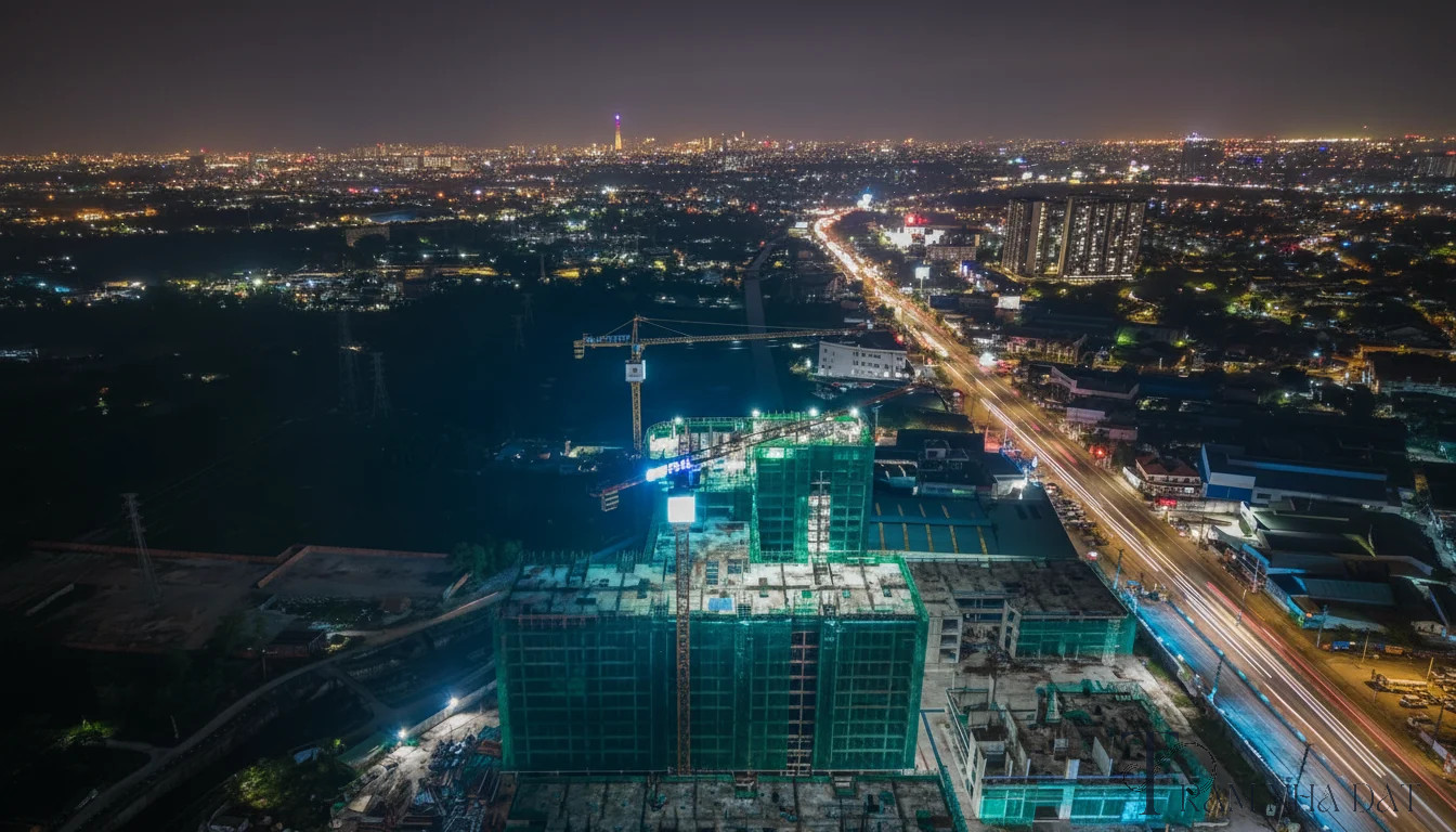 Tòa tháp căn hộ cao tầng vừa cất nóc trong khu dự án đô thị, đỉnh tòa nhà treo băng rôn sự kiện cất nóc, cần cẩu đứng cạnh, nhóm kỹ sư và công nhân đội nón bảo hộ quan sát từ sàn cao, ánh sáng ban ngày rõ nét, góc chụp thực tế từ công trường, thể hiện tiến độ xây dựng nhưng không mang tính quảng cáo