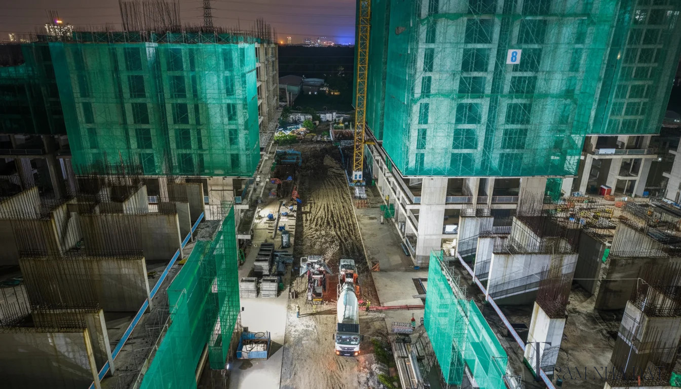 Một buổi họp kỹ thuật tại công trường dự án căn hộ cao tầng, kỹ sư xây dựng mặc áo phản quang và nón bảo hộ đứng trước mô hình tổng mặt bằng và bản vẽ lớn, phía sau là khung tháp đang thi công, không khí làm việc nghiêm túc, thể hiện mối quan hệ giữa chủ đầu tư pháp lý, nhà phát triển và tổng thầu trong bối cảnh thực địa