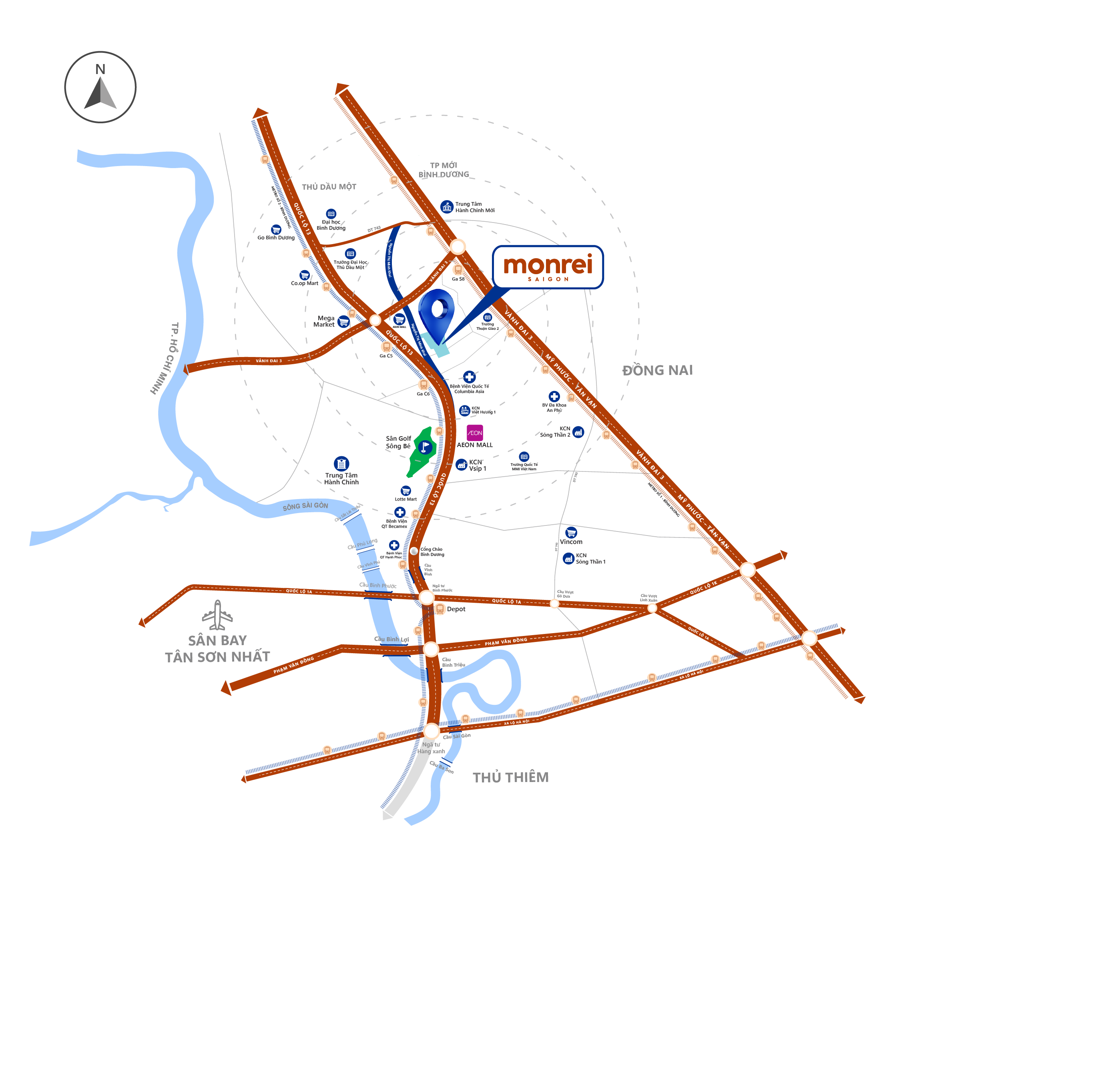 Bản đồ liên kết vùng Monrei Saigon kết nối Bình Dương, TP.HCM, Thủ Đức, sân bay