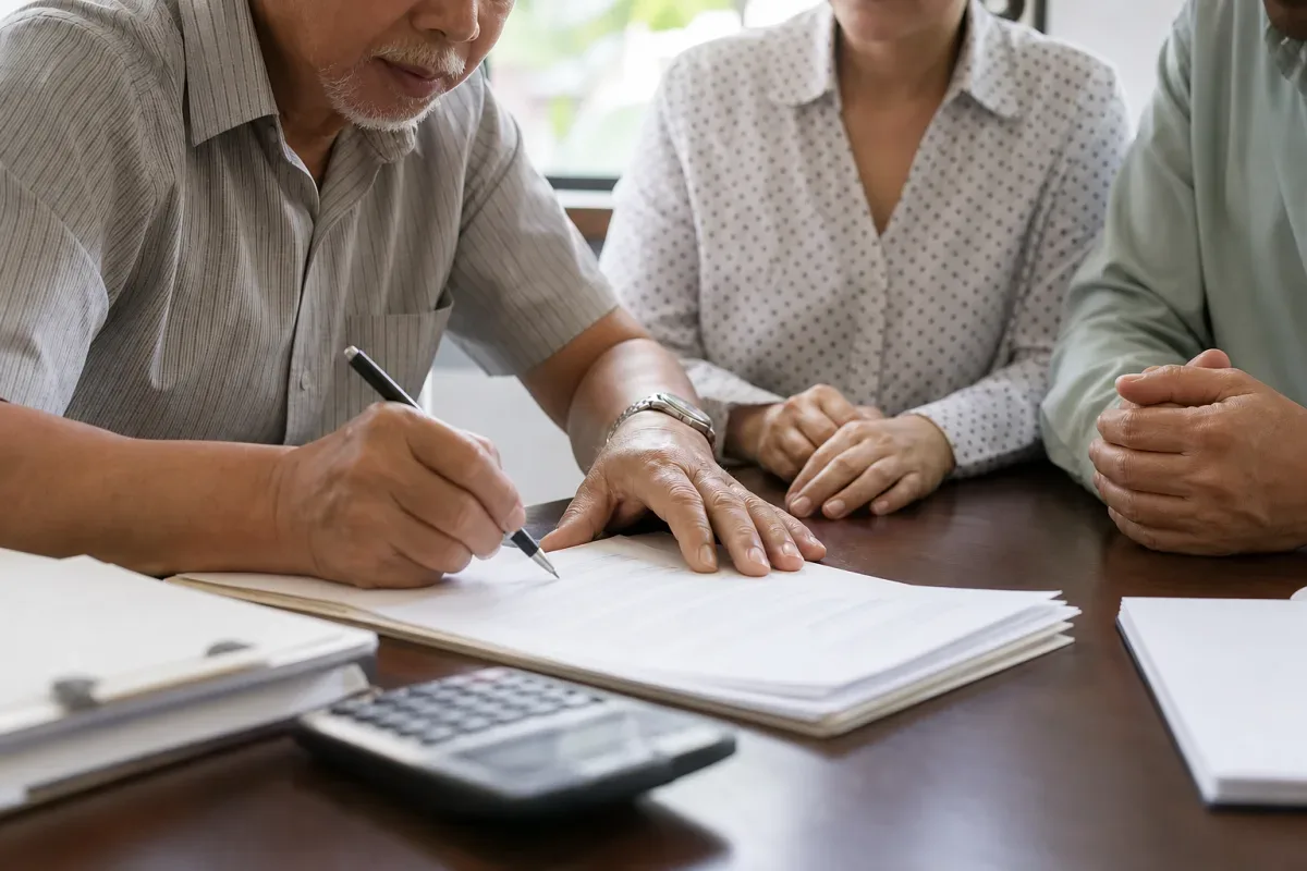 Người cao tuổi ngồi viết di chúc tại bàn, hai người làm chứng ngồi bên cạnh