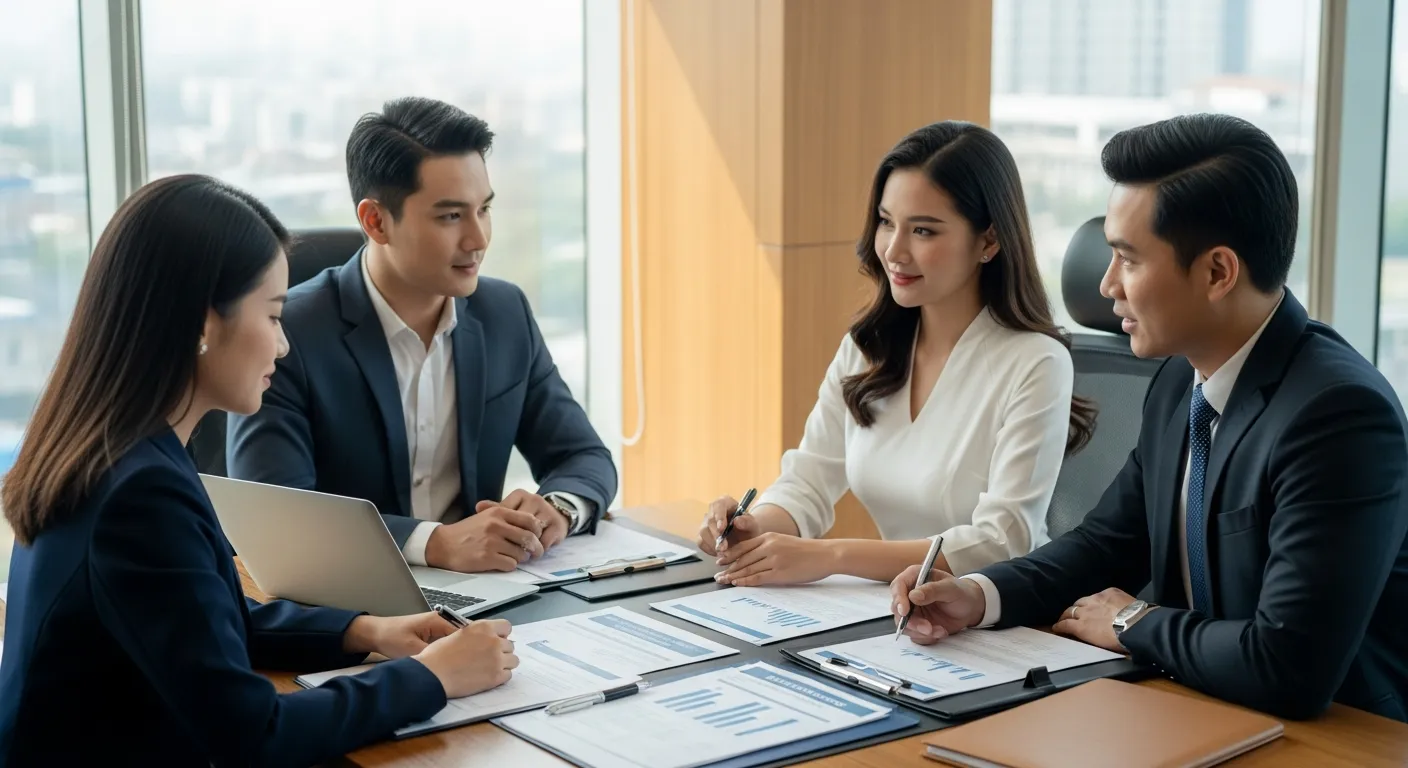 Cảnh tư vấn tài chính mua căn hộ tại bàn làm việc sang trọng, một cặp vợ chồng trẻ ngồi cùng chuyên viên ngân hàng và tư vấn bất động sản, trên bàn có hồ sơ vay, máy tính, bản in lịch thanh toán, ánh sáng văn phòng tự nhiên, trang phục lịch sự, không khí trao đổi tập trung và thực tế