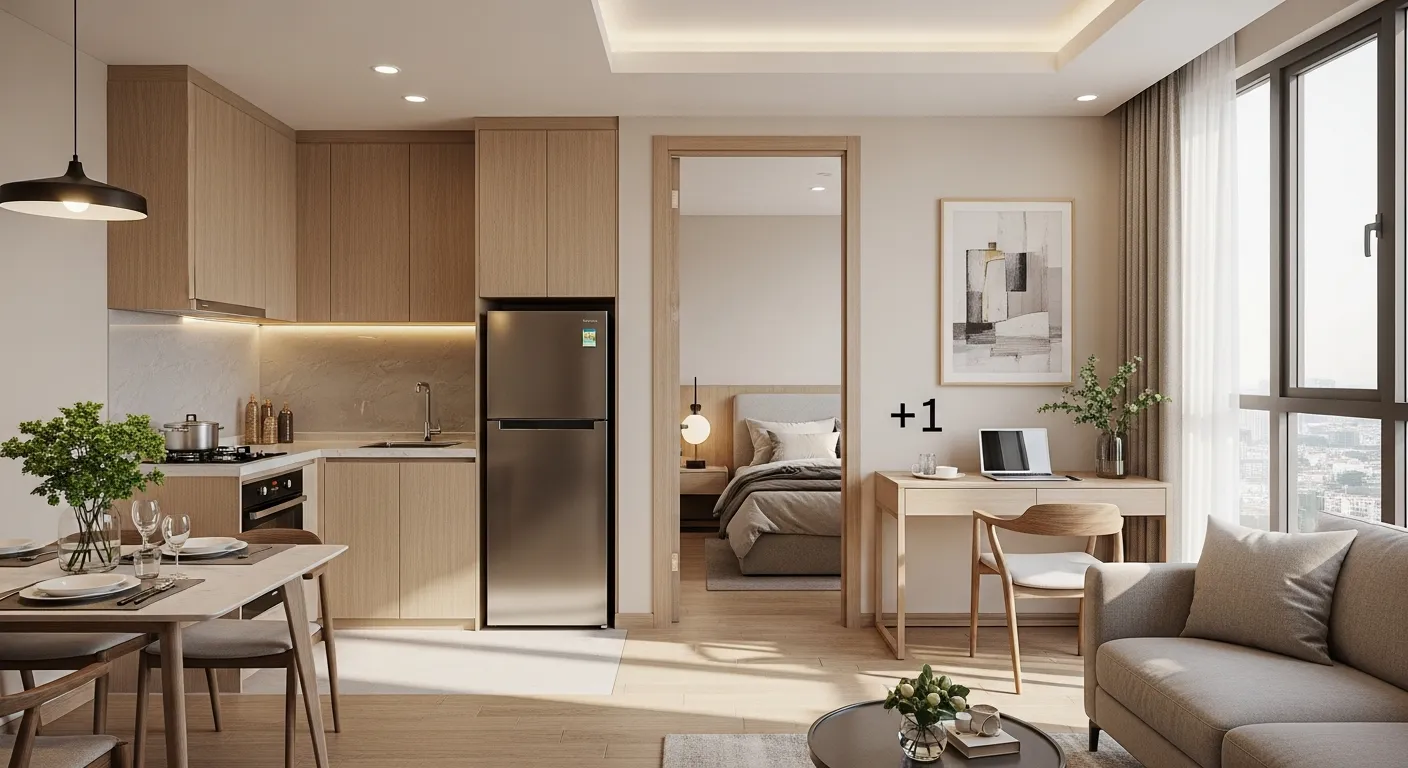 Cảnh nội thất căn hộ 1 phòng ngủ cộng 1 không gian đa năng tại dự án cao cấp ở Thuận An Bình Dương, bố cục phòng khách liền bếp gọn gàng, một phòng ngủ chính riêng tư, khu vực cộng một đặt bàn làm việc nhỏ cạnh cửa sổ lớn, ánh sáng tự nhiên buổi sáng tràn vào, tông màu gỗ sáng và be trung tính, phong cách Nhật hiện đại thư thái, có cây xanh nhỏ và vật liệu đá mịn