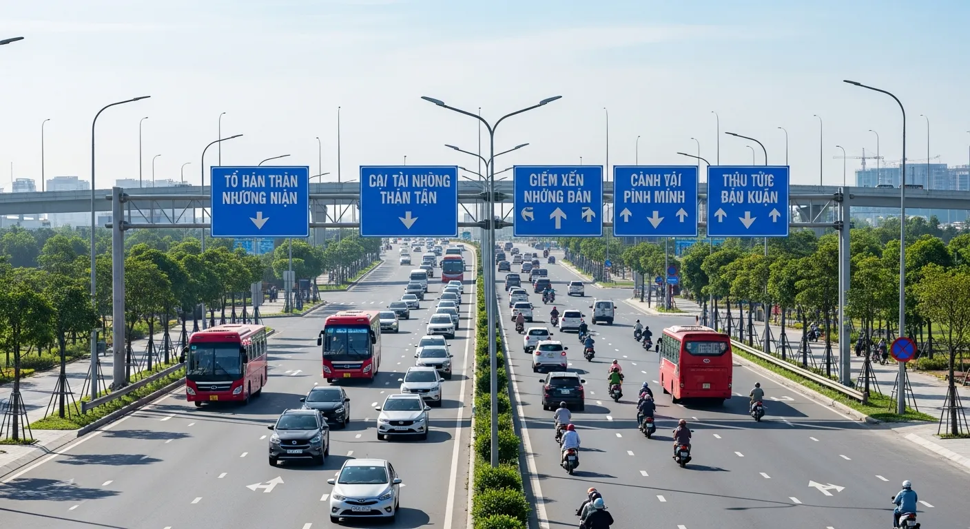Cảnh tuyến đường và nút giao lớn tại khu vực cửa ngõ Bình Dương kết nối TP.HCM, xe cộ lưu thông trên đại lộ rộng, bảng chỉ hướng đi các khu đô thị và khu công nghiệp, bối cảnh phát triển hạ tầng tương lai, trời sáng, ảnh tài liệu thực địa rõ nét