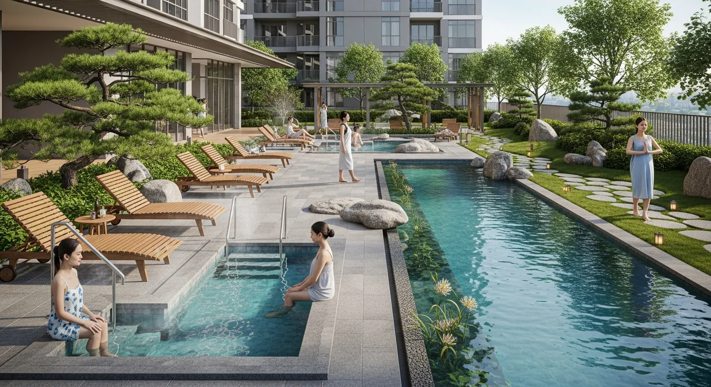 Khu tiện ích thủy liệu trong khu căn hộ, hồ Onsen Nhật Bản ngoài trời bốc hơi nhẹ, hồ bơi sinh thái Bio Pool nước xanh trong, ghế nghỉ gỗ, cây tùng và đá cảnh kiểu Nhật, cư dân ngâm chân, đi dạo, tập thở, không gian sạch sẽ yên tĩnh vào buổi sáng