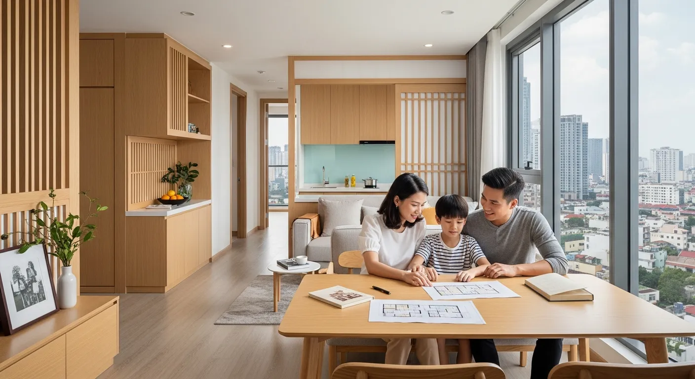 Không gian căn hộ 2 phòng ngủ phong cách Nhật hiện đại tại Bình Dương, phòng khách liên thông bếp gọn gàng, tông gỗ sáng, cửa kính lớn nhìn ra đô thị, gia đình trẻ đang xem bản vẽ căn hộ và trao đổi về tài chính, cảm giác ấm áp thực tế, nội thất tinh giản