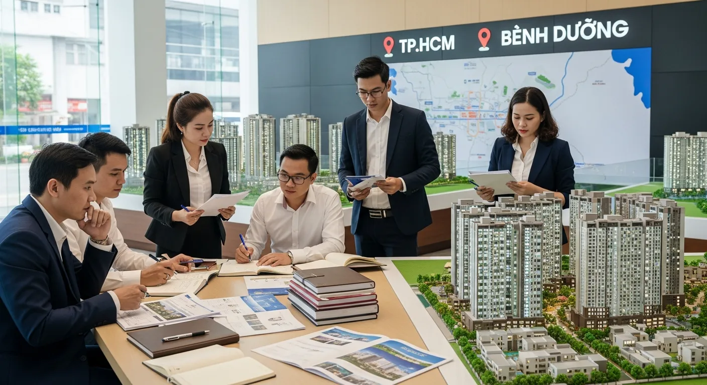 Nhà đầu tư và môi giới đang xem sa bàn nhiều dự án căn hộ và khu đô thị trong phòng trưng bày, có bảng chỉ dẫn vị trí TP.HCM và Bình Dương, tài liệu in dày, bút ghi chú, không khí làm việc thực tế, góc chụp rộng, ánh sáng văn phòng ban ngày