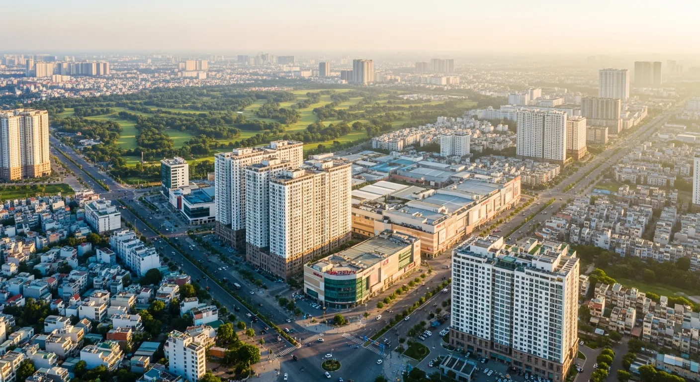 Toàn cảnh khu đô thị Thuận An từ trên cao lúc chiều muộn, các tòa nhà căn hộ, trung tâm thương mại, sân golf xanh mướt ở xa, mạng lưới đường lớn và khu dân cư đông đúc, bầu không khí phát triển công nghiệp dịch vụ, ảnh thực tế phong cách drone chụp đô thị Việt Nam