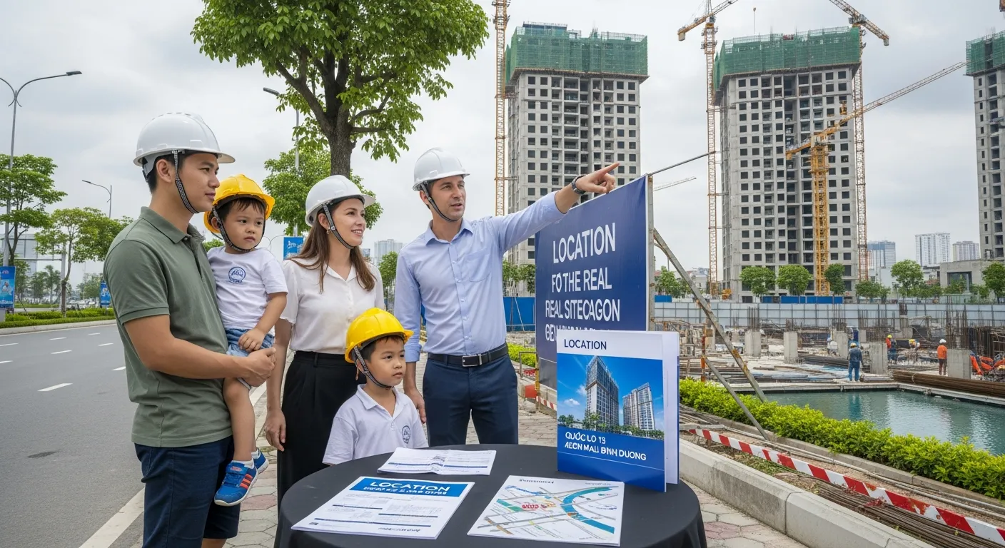 Gia đình trẻ và chuyên gia nước ngoài tham quan công trường căn hộ Monrei Saigon tại Thuận An, nhân viên tư vấn chỉ vào khối tháp đang xây dựng và khu tiện ích nước, bản đồ vị trí gần Quốc lộ 13 và AEON Mall Bình Dương đặt trên bàn, không khí thực tế, người xem mặc trang phục đời thường và đội nón bảo hộ, bối cảnh đô thị đang phát triển với đường lớn và cây xanh xung quanh
