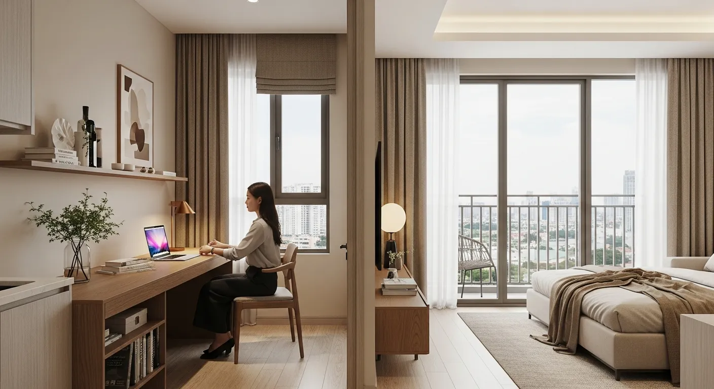 Một chuyên gia trẻ đang làm việc tại nhà trong khu vực cộng một của căn hộ Monrei Saigon, bàn làm việc gỗ dài khoảng 120 cm, ghế công thái học, laptop mở trên bàn, kệ sách thấp, cửa kính lớn nhìn ra thành phố Thuận An, ánh sáng tự nhiên dịu, không gian phòng khách liền kề với sofa nhỏ, phong cách Modern Japanese Wellness Living với màu be, nâu nhạt và vật liệu đá gỗ tự nhiên