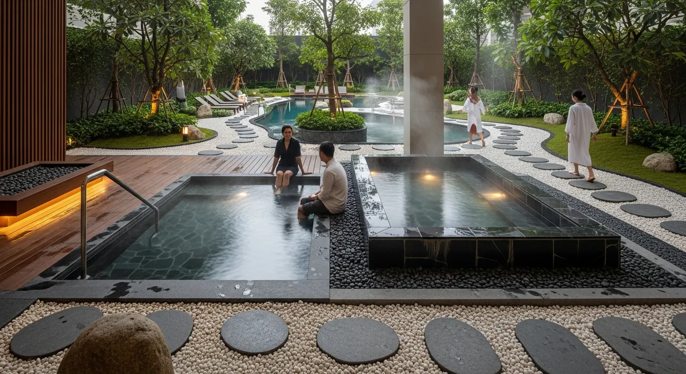 Khu tiện ích thủy liệu phong cách Nhật trong dự án căn hộ, hồ nước ấm ngoài trời, khu onsen đá tự nhiên, cây xanh tỉa gọn, cư dân mặc trang phục thư giãn đang ngâm chân và đi dạo, khu vườn yên tĩnh, hơi nước nhẹ bốc lên, không gian chăm sóc sức khỏe tinh tế và ấm áp