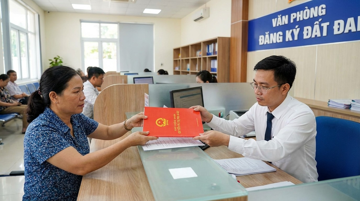 Người dân nộp hồ sơ xác minh Kiểm Tra Sổ Đỏ Thật Giả thông tin tại Văn phòng Đăng ký Đất đai