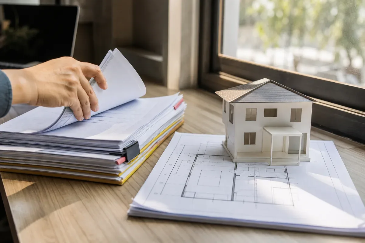 Hồ sơ giấy phép và hiện trạng căn nhà được đặt cạnh nhau