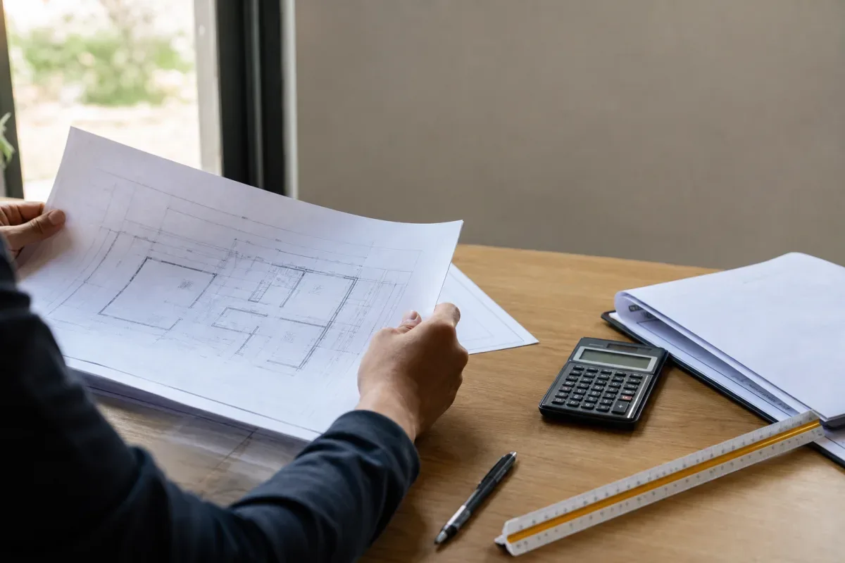 Người mua chụp hiện trạng nhà phố và đối chiếu bản vẽ xây dựng