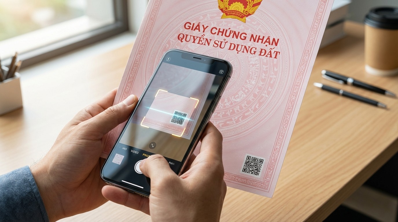 Quét mã QR Kiểm Tra Sổ Đỏ Thật Giả trên giấy chứng nhận để đối chiếu thông tin đất đai