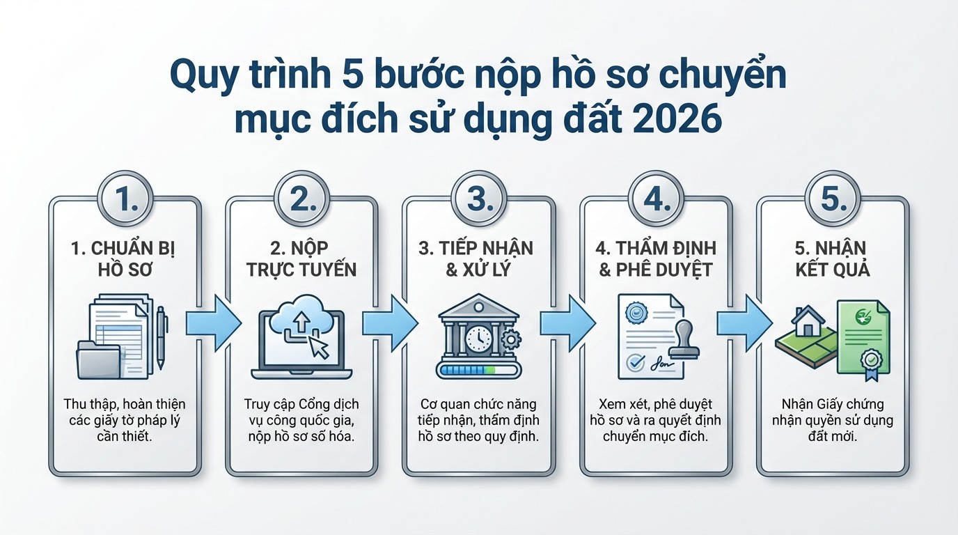 Quy trình 5 bước nộp hồ sơ chuyển mục đích Chuyển Đất Cln Sang Thổ Cư qua cơ quan đăng ký đất đai và trực tuyến
