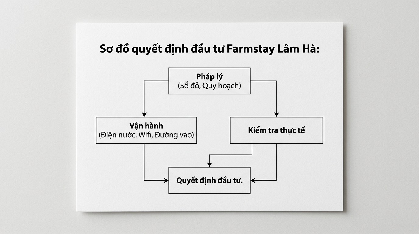 Sơ đồ cây quyết định kiểm tra pháp lý và vận hành khi đầu tư farmstay tại Lâm Hà